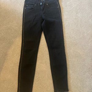 Black Tape Skinny Jeans, Fits like Size 26, Black with Gold Stripe